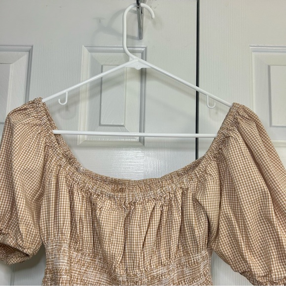 Japna Tan Check Puff Sleeve Elastic Waist Praire Cottagecore Off Shoulder Top L - Picture 6 of 14